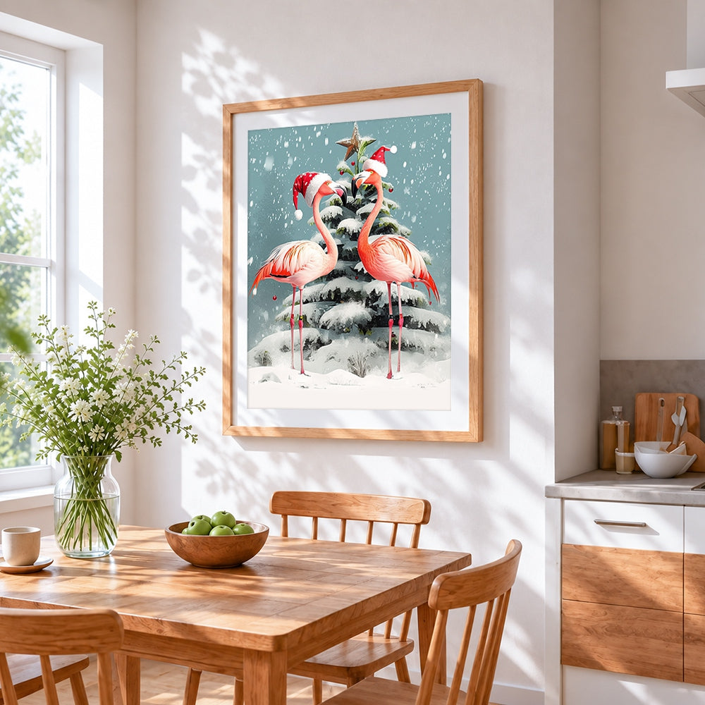 Festive flamingos in santa hats cross stitch artwork displayed on wall as home decor