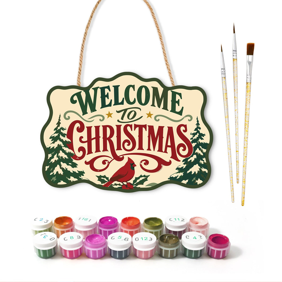 Festive forest welcome paint by numbers door hanger with paints and brushes
