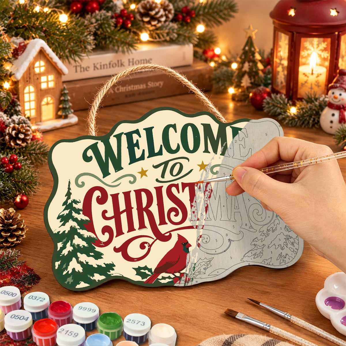 Festive forest welcome paint by numbers door hanger painting process