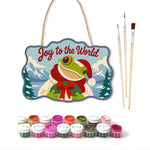 Festive frog greeting paint by numbers door hanger with paints and brushes