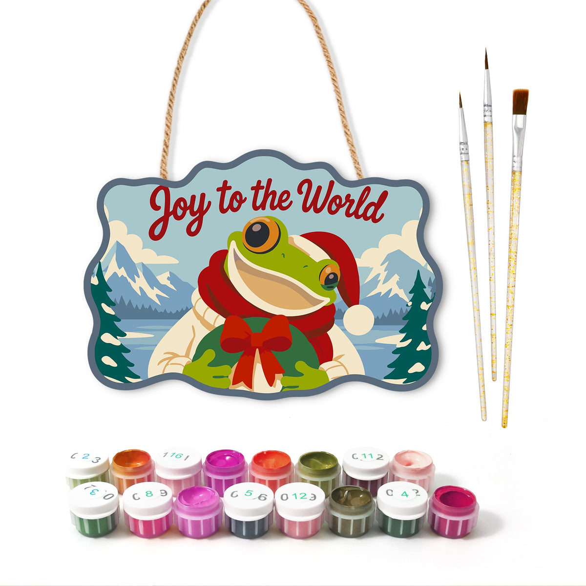 Festive frog greeting paint by numbers door hanger with paints and brushes