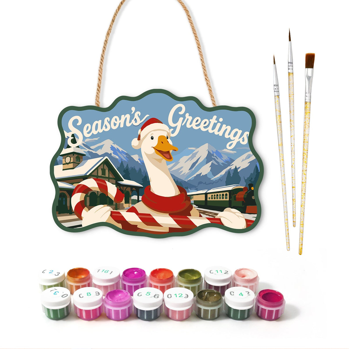 Festive goose with candy cane paint by numbers door hanger with paints and brushes