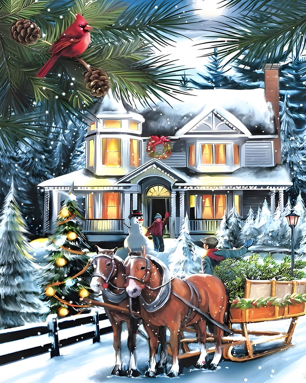 Festive horse-drawn sleigh by a snowy house cross stitch kit for beginners