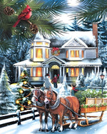 Festive horse-drawn sleigh by a snowy house cross stitch kit for beginners