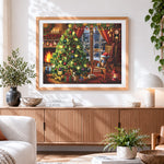 Finished festive living room with christmas tree cross stitch artwork displayed