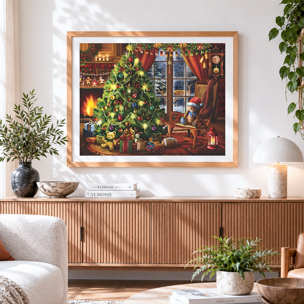 Finished festive living room with christmas tree cross stitch artwork displayed