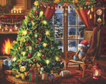 Festive living room with christmas tree cross stitch kit for beginners