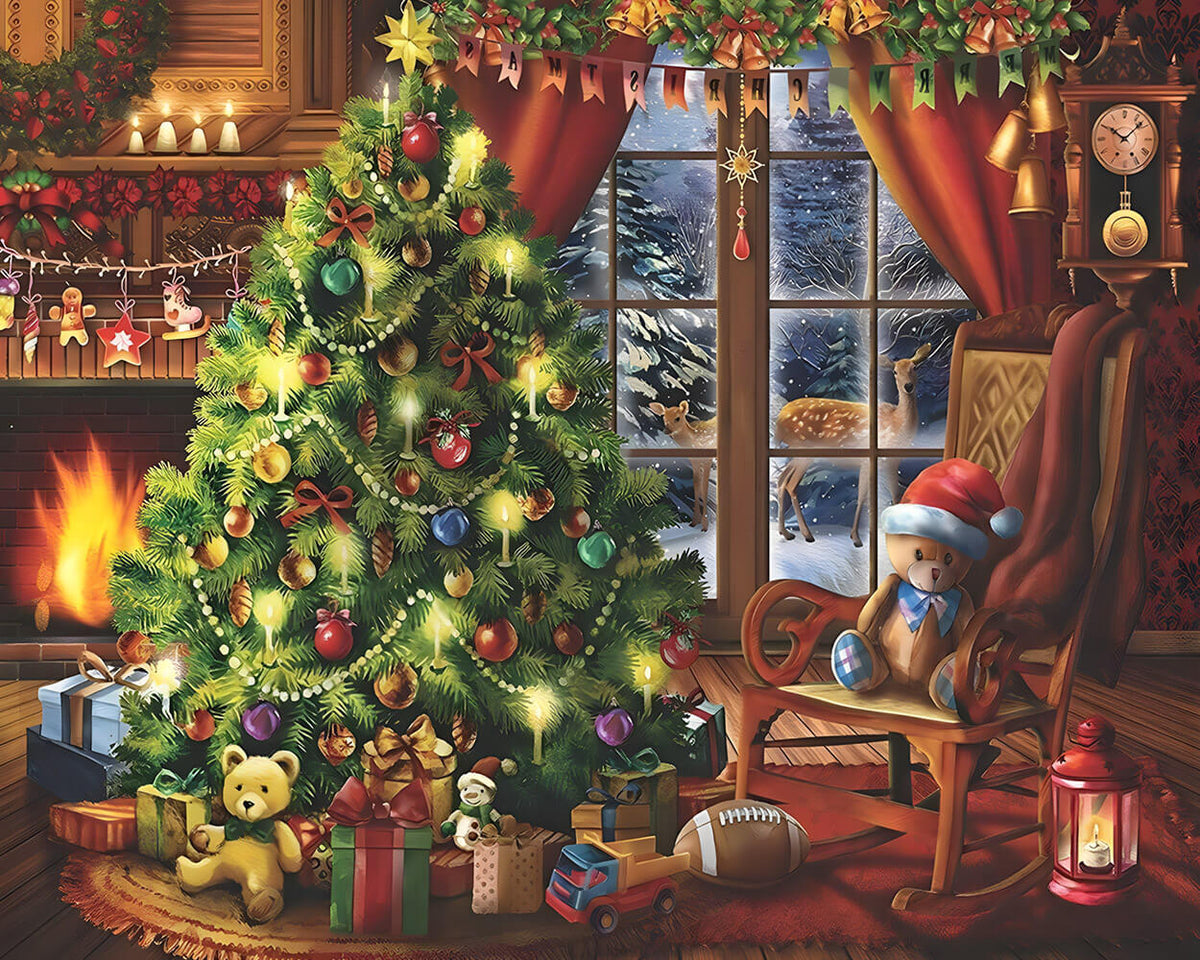 Festive living room with christmas tree cross stitch kit for beginners