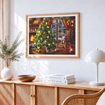 Festive living room with christmas tree cross stitch artwork displayed on wall as home decor