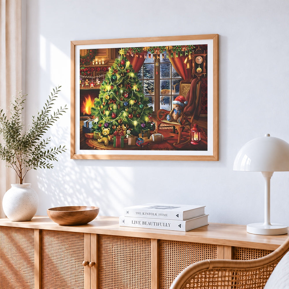 Festive living room with christmas tree cross stitch artwork displayed on wall as home decor