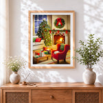 Finished festive living room with fireplace cross stitch artwork displayed