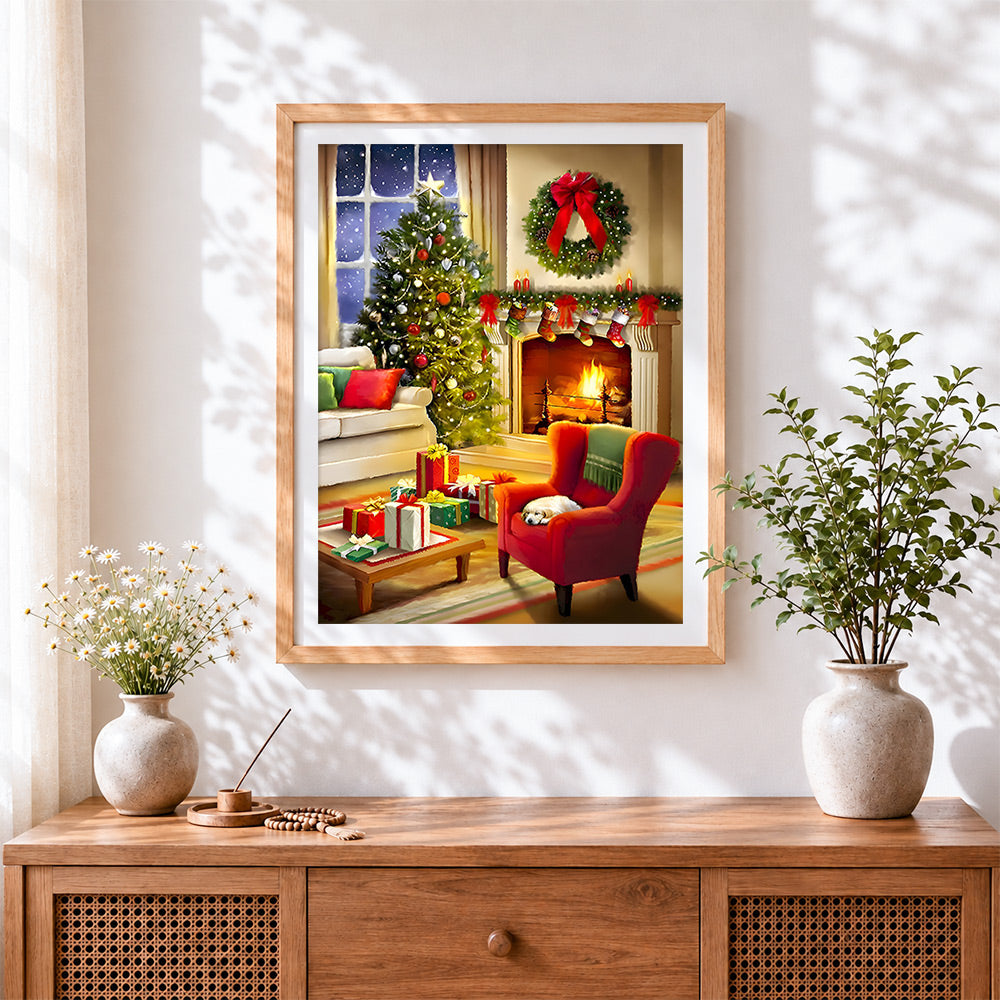 Finished festive living room with fireplace cross stitch artwork displayed