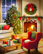 Festive living room with fireplace cross stitch kit for beginners