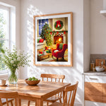 Festive living room with fireplace cross stitch artwork displayed on wall as home decor