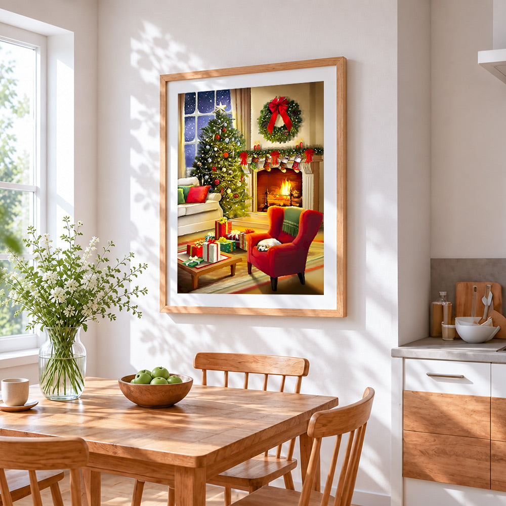 Festive living room with fireplace cross stitch artwork displayed on wall as home decor