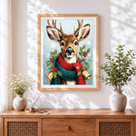 Finished festive reindeer with holly cross stitch artwork displayed