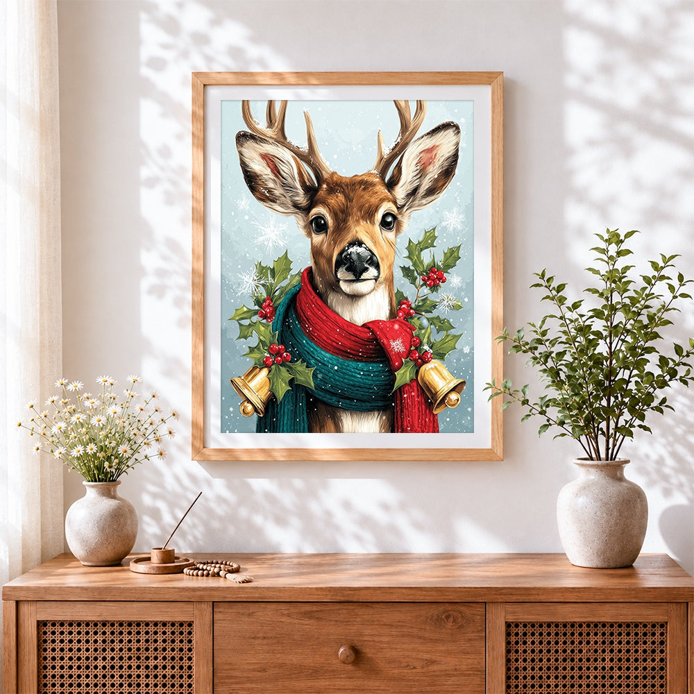 Finished festive reindeer with holly cross stitch artwork displayed