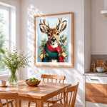Festive reindeer with holly cross stitch artwork displayed on wall as home decor