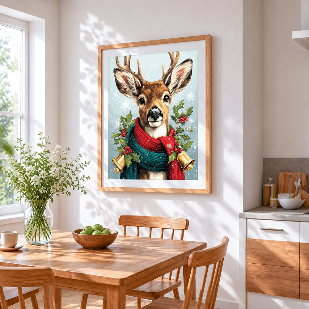 Festive reindeer with holly cross stitch artwork displayed on wall as home decor