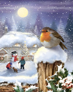 Festive robin and children playing in a snowy village cross stitch kit for beginners