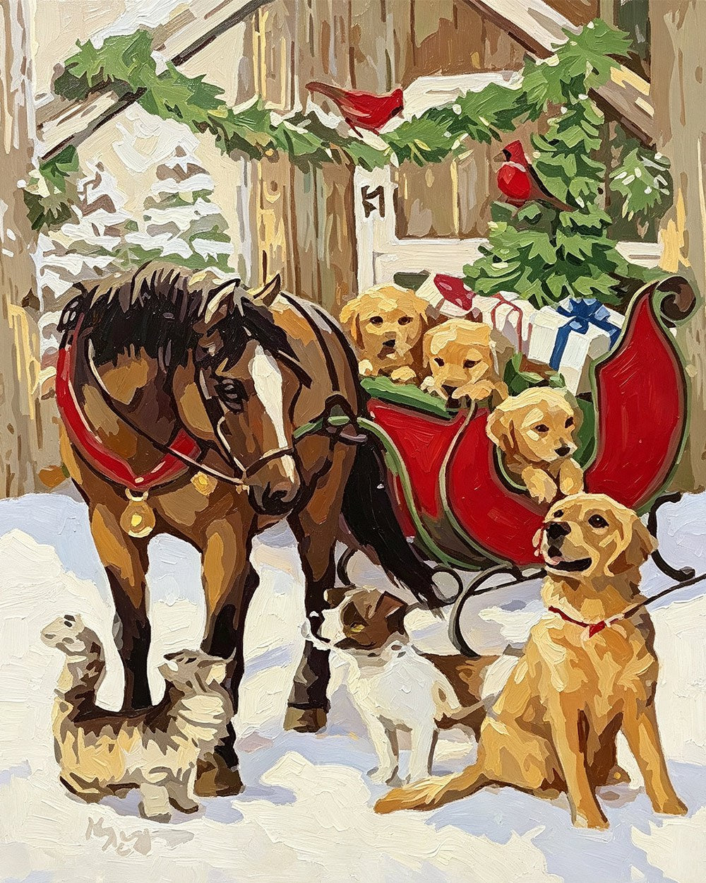 Festive sleigh full of golden puppies cross stitch kit for beginners