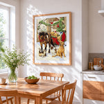 Festive sleigh full of golden puppies cross stitch artwork displayed on wall as home decor
