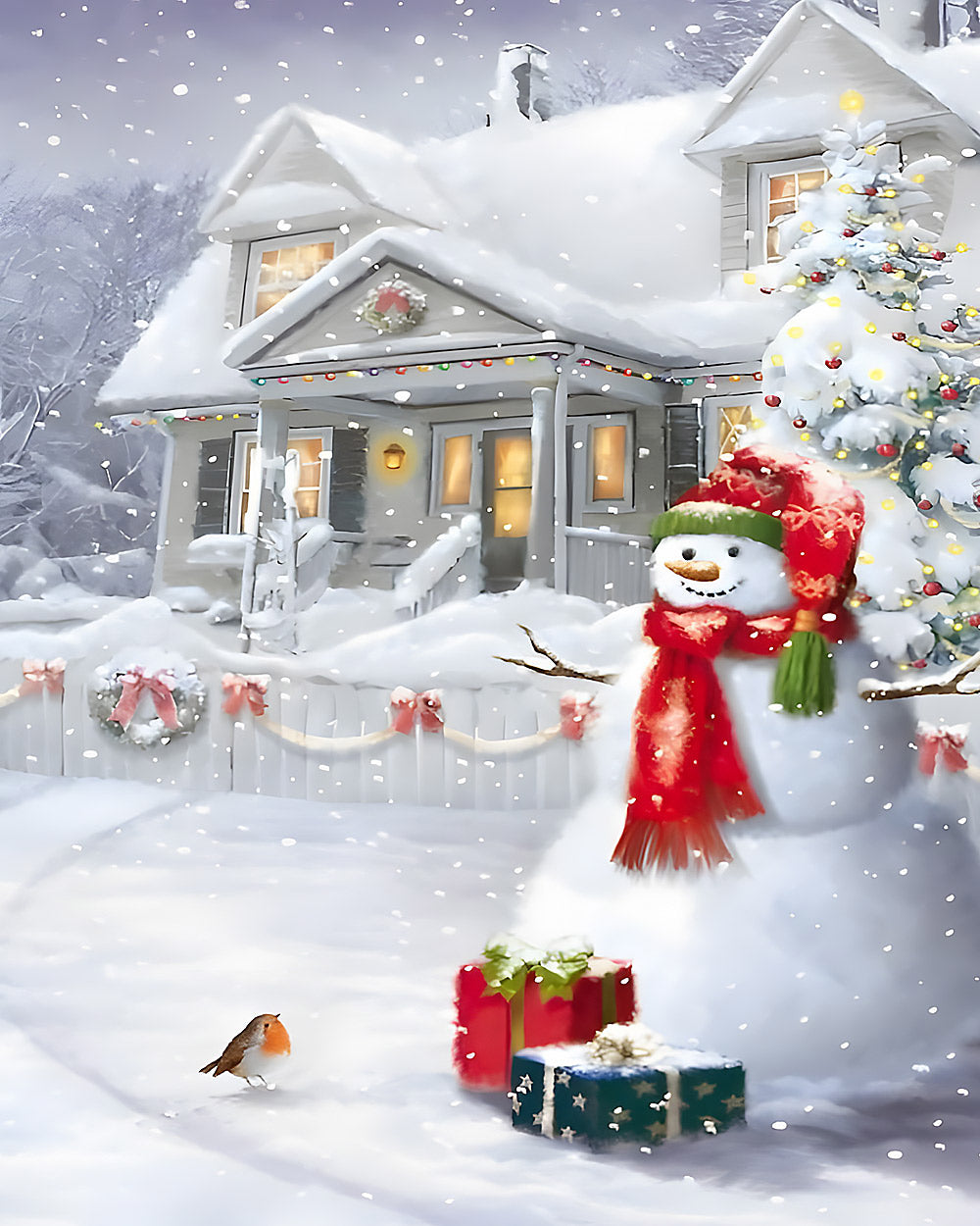 Festive snowman and robin by a snowy house cross stitch kit for beginners