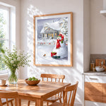 Festive snowman and robin by a snowy house cross stitch artwork displayed on wall as home decor