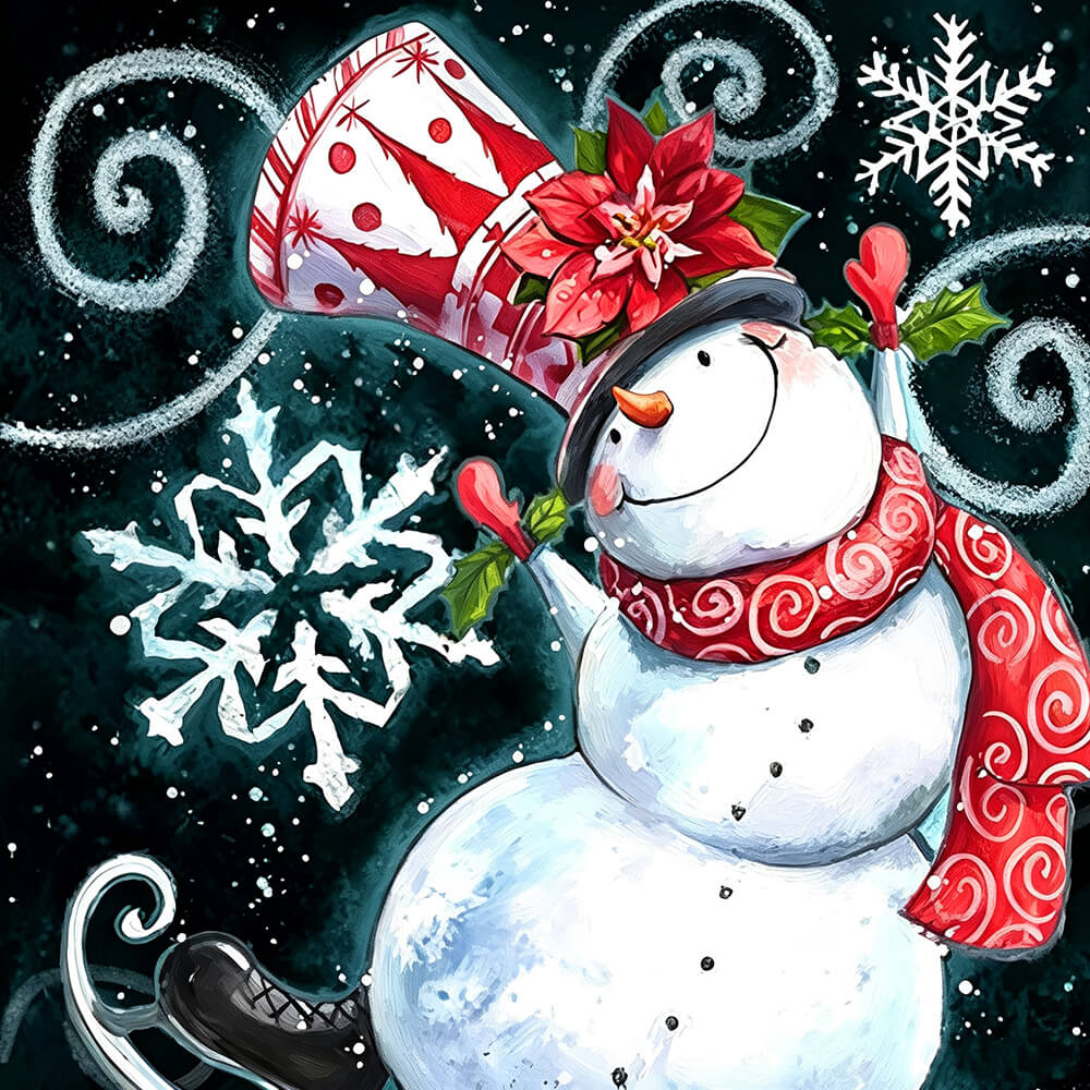 Festive snowman with top hat and poinsettia cross stitch kit for beginners