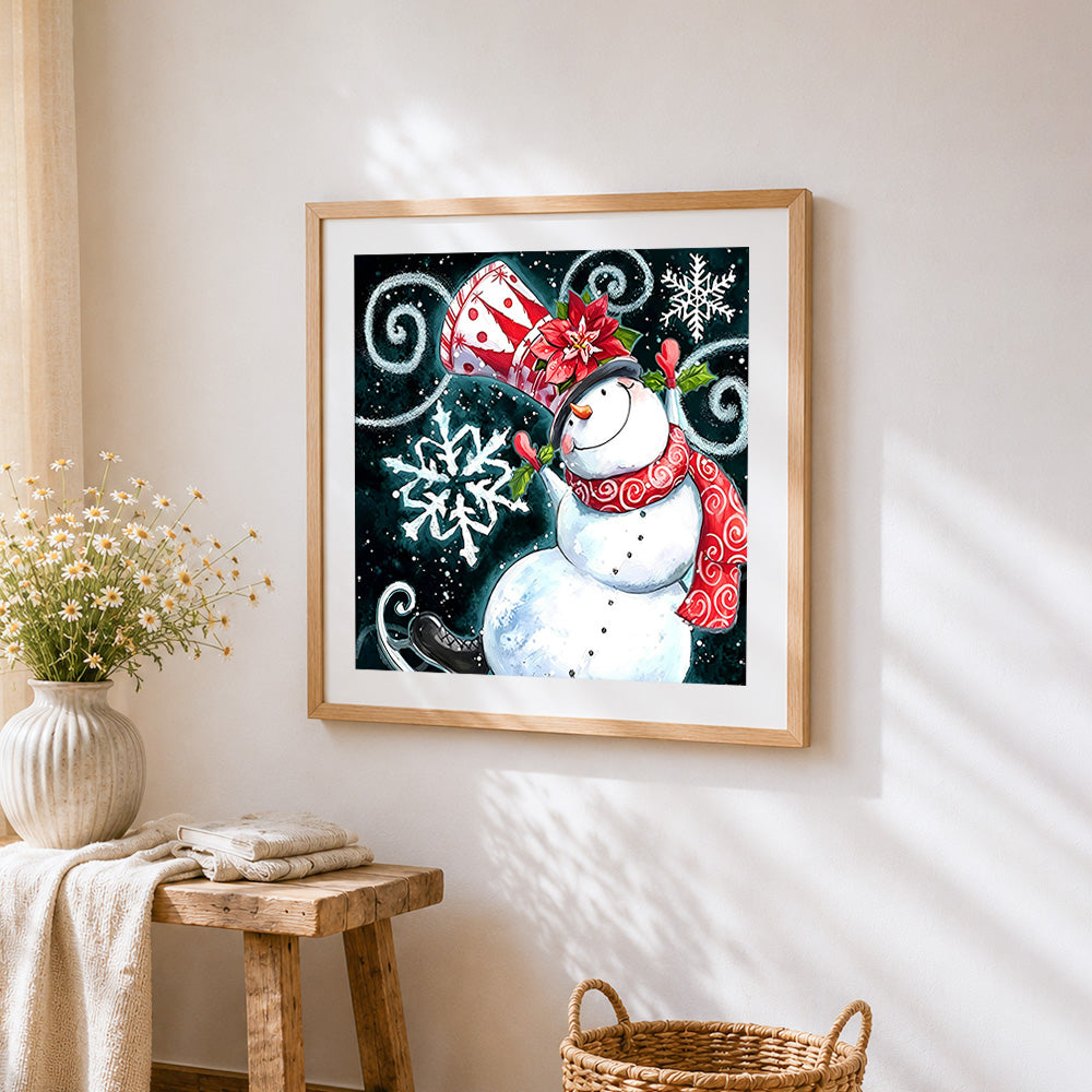 Festive snowman with top hat and poinsettia cross stitch artwork displayed on wall as home decor
