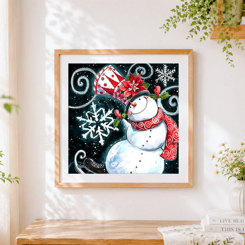 Finished festive snowman with top hat and poinsettia paint by numbers artwork displayed as home decor