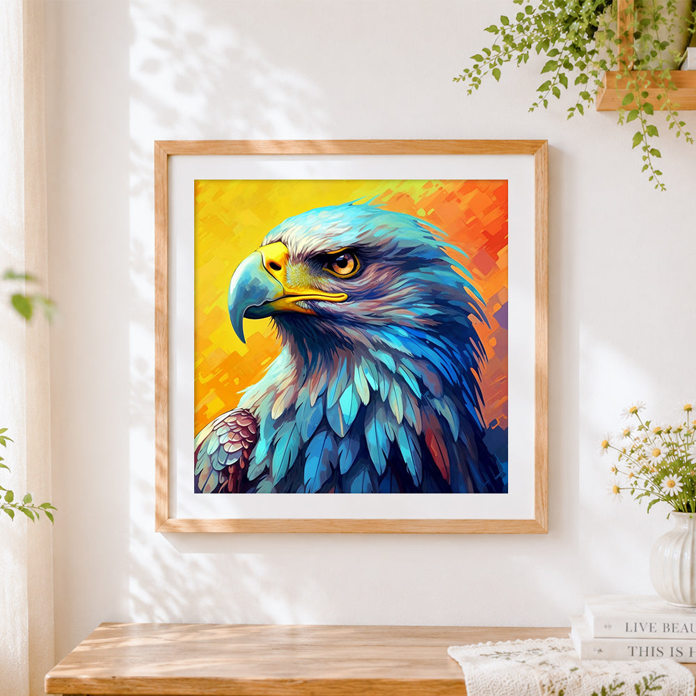 Finished fierce blue eagle cross stitch artwork displayed
