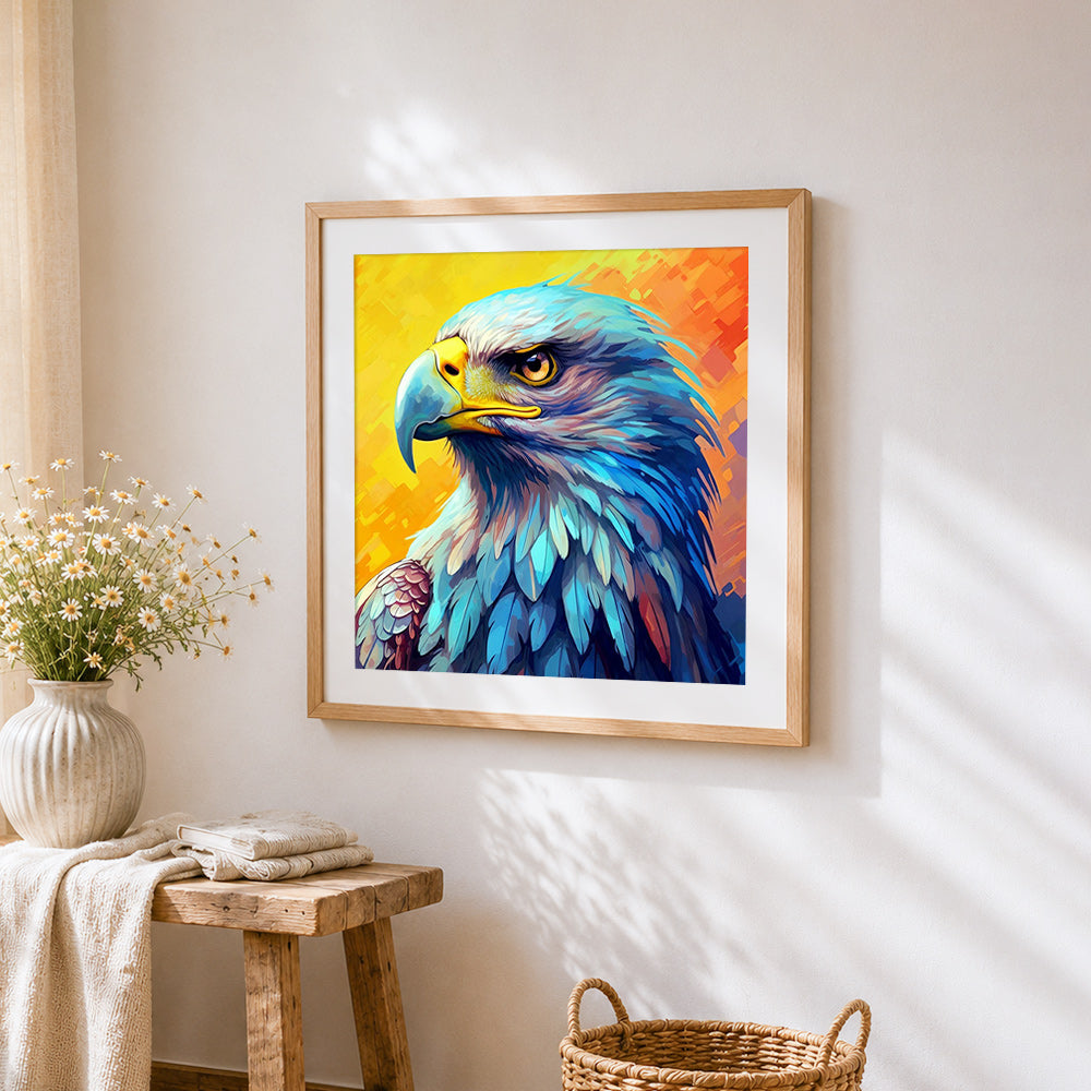 Fierce blue eagle cross stitch artwork displayed on wall as home decor