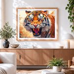 Finished fierce roaring tiger cross stitch artwork displayed