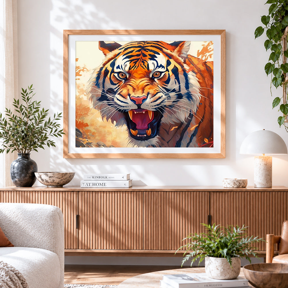 Finished fierce roaring tiger cross stitch artwork displayed