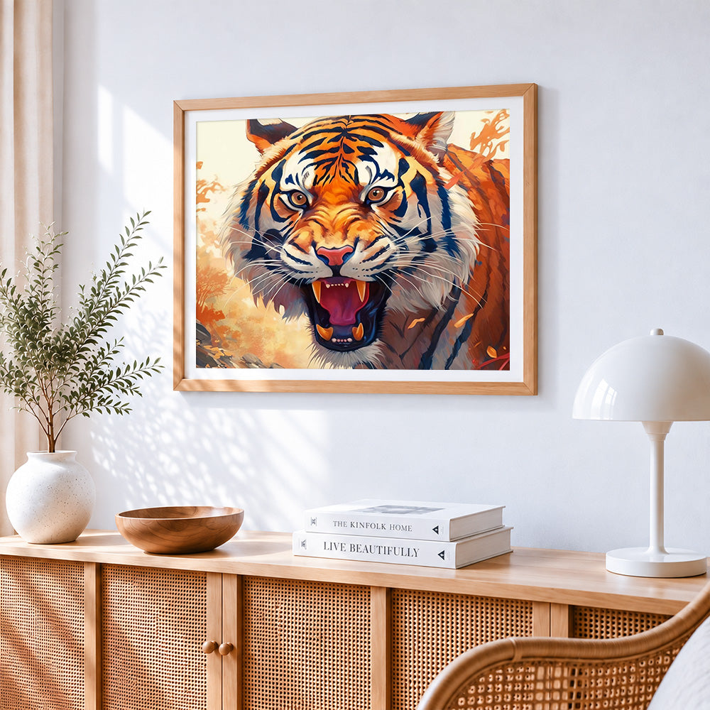 Fierce roaring tiger cross stitch artwork displayed on wall as home decor