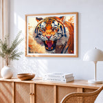 Fierce roaring tiger cross stitch artwork displayed on wall as home decor