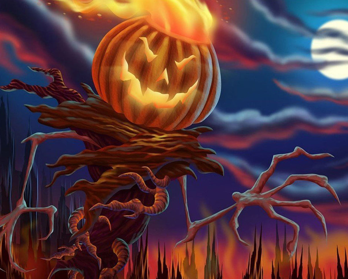 Fiery pumpkin scarecrow cross stitch kit for beginners