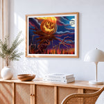 Fiery pumpkin scarecrow cross stitch artwork displayed on wall as home decor