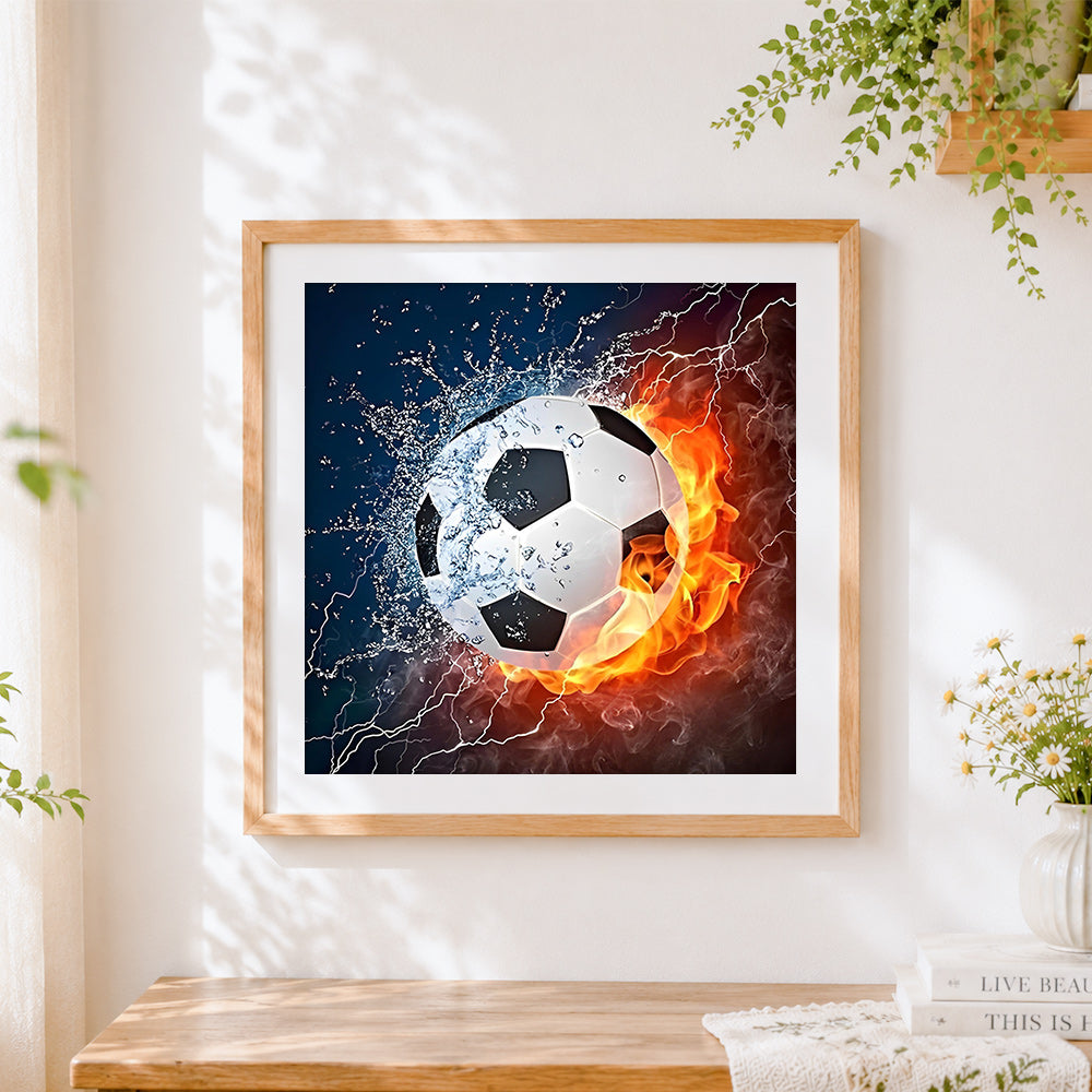 Finished fire and ice football paint by numbers artwork displayed as home decor