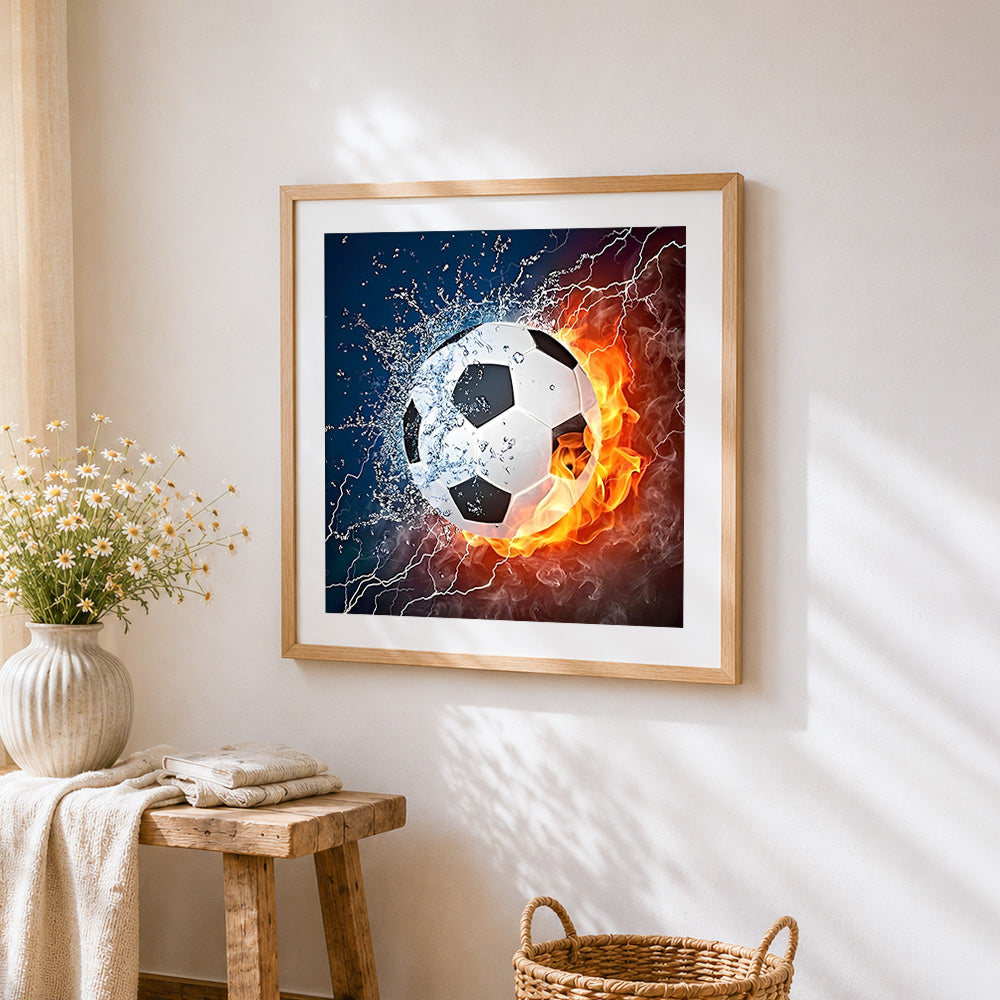 Fire and ice football paint by numbers artwork displayed on wall as home decor