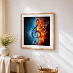 Fire and ice music note cross stitch artwork displayed on wall as home decor