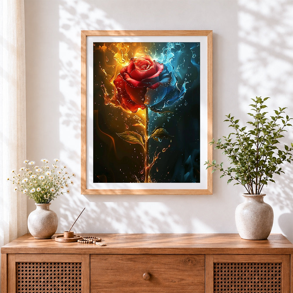 Finished fire and ice rose cross stitch artwork displayed