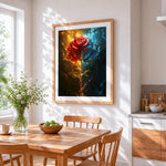 Fire and ice rose cross stitch artwork displayed on wall as home decor