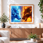 Finished fire and ice wolves cross stitch artwork displayed