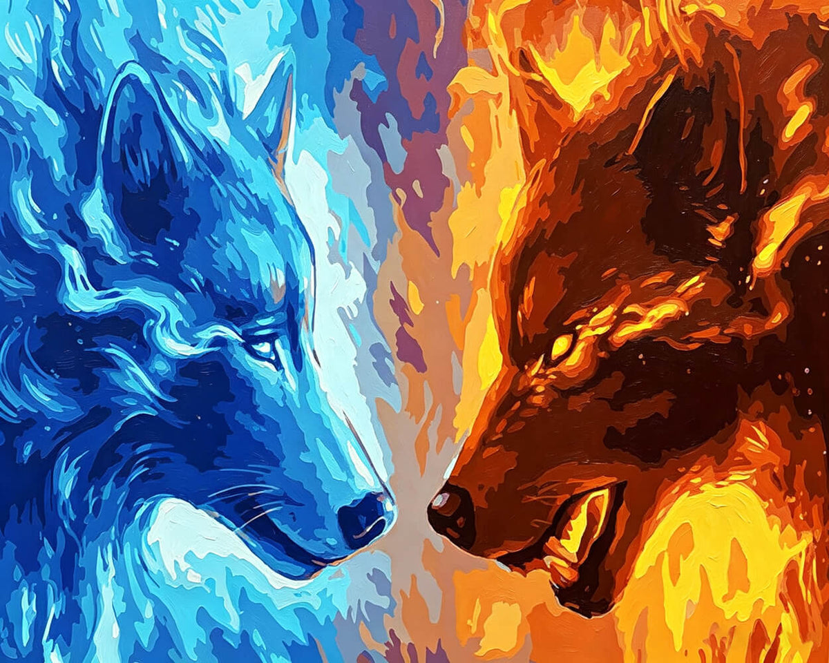 Fire and ice wolves cross stitch kit for beginners