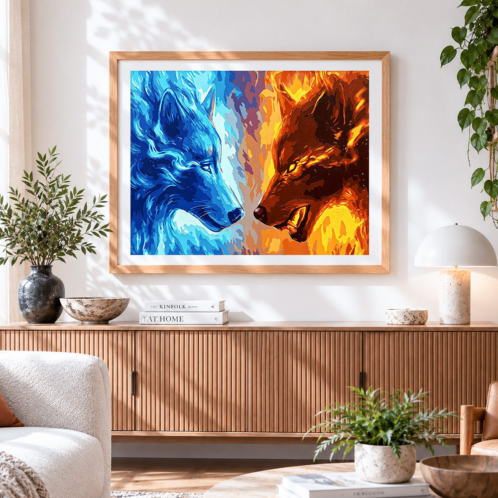 Finished fire and ice wolves paint by numbers artwork displayed as home decor