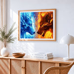 Fire and ice wolves paint by numbers artwork displayed on wall as home decor