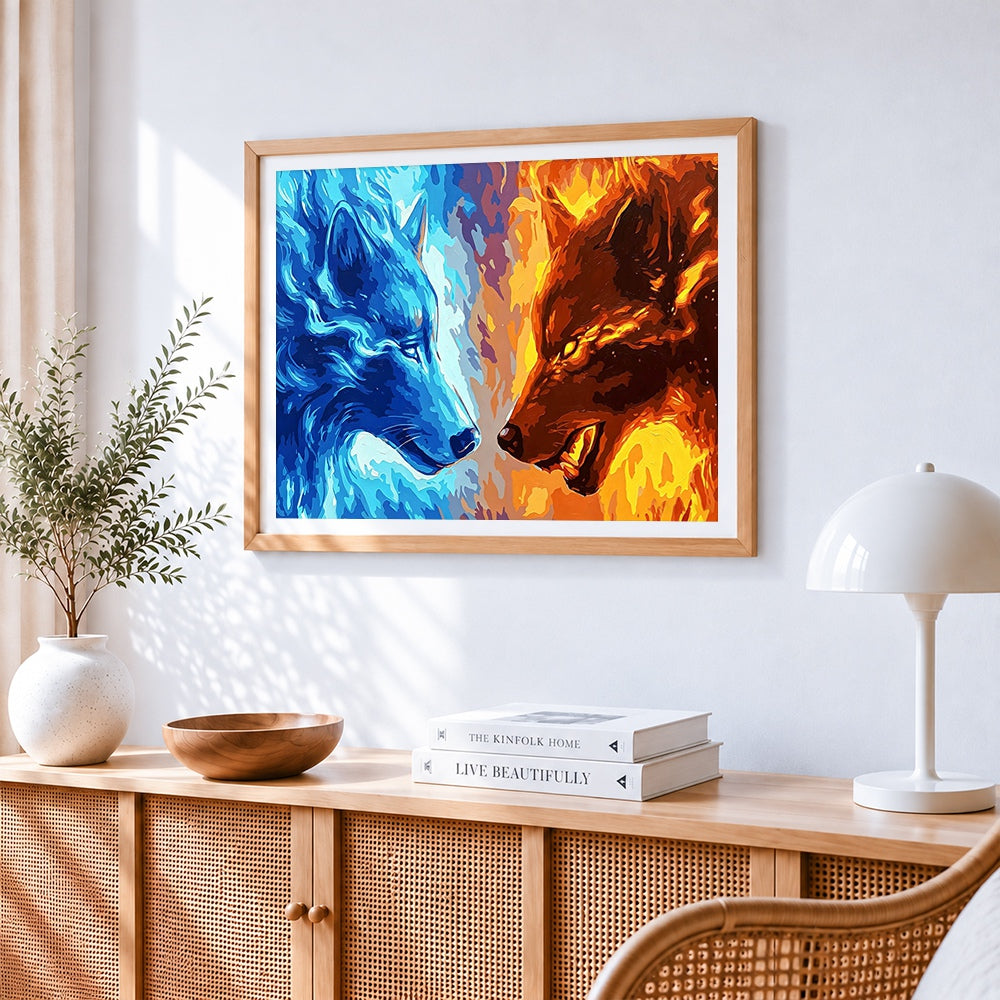 Fire and ice wolves paint by numbers artwork displayed on wall as home decor