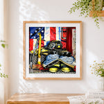 Finished firefighter gear and american flag cross stitch artwork displayed